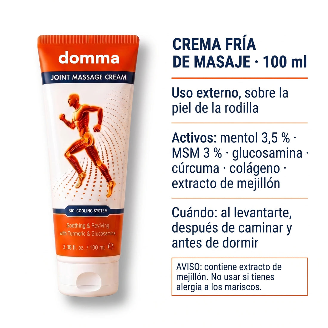 Información de la crema fría de masaje de 100 ml: uso externo, activos y aviso de alergia a los mariscos
