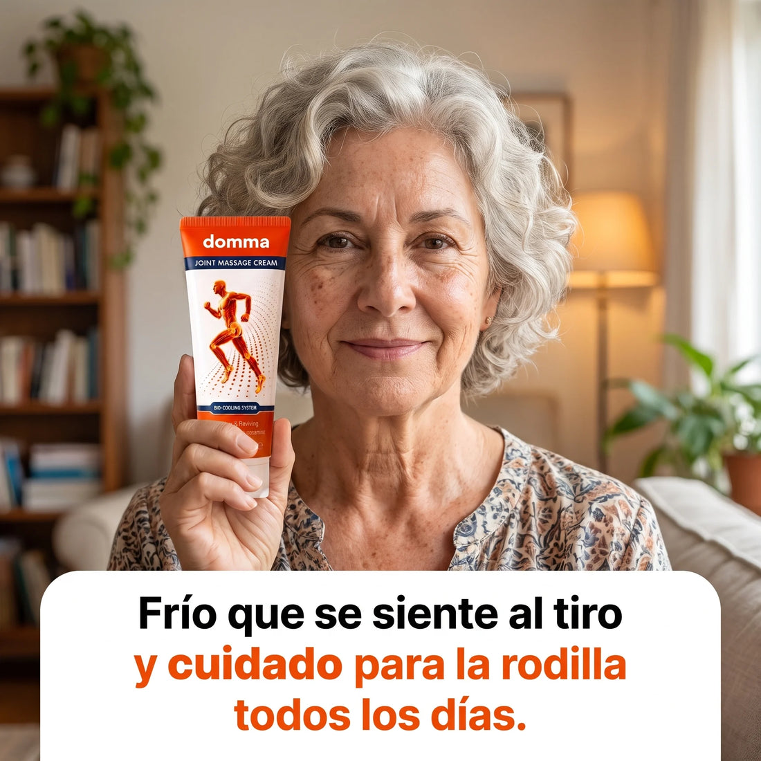 Mujer con el tubo de crema fría domma en la mano